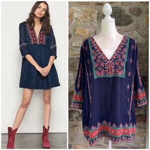 Ba&sh Claudia cotton embroidered long sleeve v neck navy blue mini tunic dress